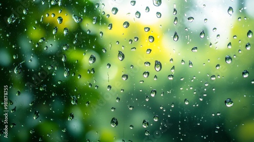 Raindrops on a Window with a Blurred Green and Yellow Background