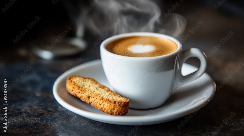 A steaming cup of cappuccino with a heart-shaped design, served on a white saucer with a biscotti on the side. A steaming cup of cappuccino with a heart-shaped design, served on a white saucer with a biscotti on the side.