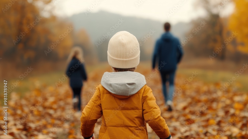 Fototapeta premium A child in a yellow jacket walks through fallen leaves, accompanied by two adults, enjoying a serene autumn day.