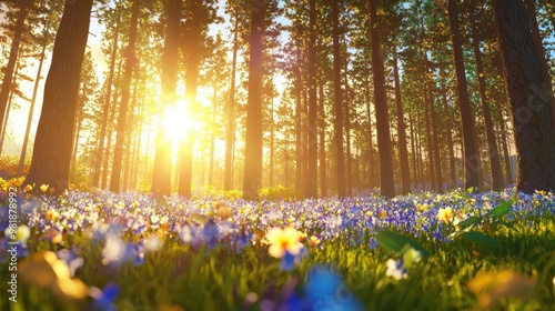 Sunlit Forest Glade with Wildflowers at Sunset