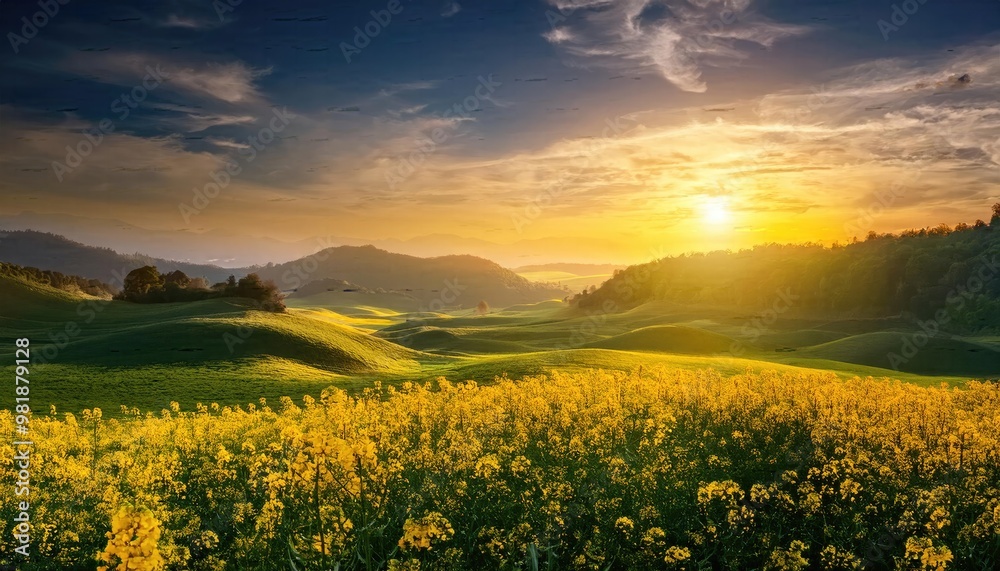 Mustard flowers, Golden Sunrise Over a Vast Field of Blooming Yellow Flowers Mustard flowers, Golden Sunrise Over a Vast Field of Blooming Yellow Flowers