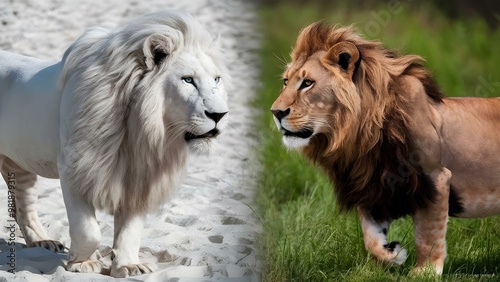 Comparison of white lion and normal African lion photo