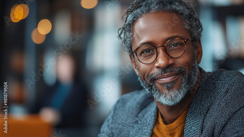 Smiling man wearing glasses in a cafe.