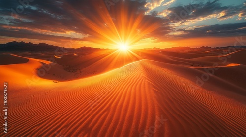 Desert Dunes at Sunset with Golden Rays of Sunlight