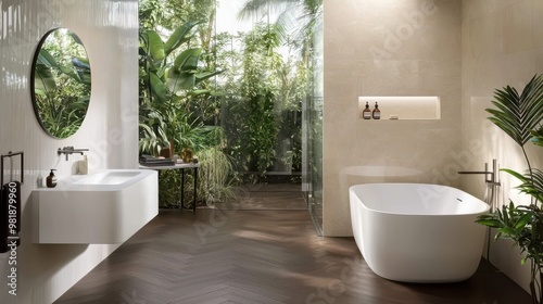 Modern Bathroom with Freestanding Bathtub  Large Window  and Tropical Plants