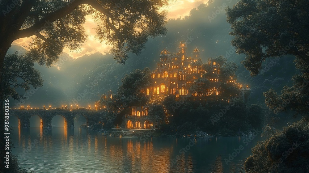 An Enchanting Castle Nestled Among Lush Foliage, Illuminated by Golden Lights, Reflecting in the Still Waters of a Lake, Bathed in the Soft Glow of a Misty Sunset An Enchanting Castle Nestled Among Lush Foliage, Illuminated by Golden Lights, Reflecting in the Still Waters of a Lake, Bathed in the Soft Glow of a Misty Sunset