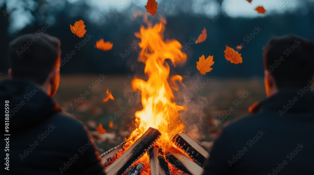 A warm campfire flickers as two individuals enjoy a peaceful evening outdoors, surrounded by autumn leaves in a tranquil setting. A warm campfire flickers as two individuals enjoy a peaceful evening outdoors, surrounded by autumn leaves in a tranquil setting.