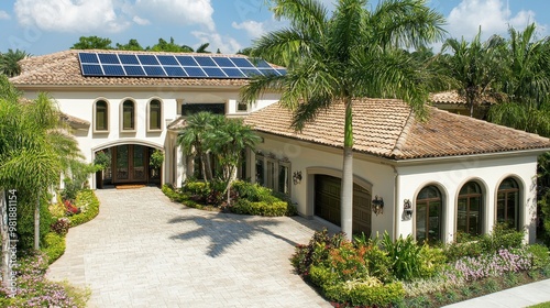 Modern Mediterranean Home with Solar Panels and Lush Landscaping