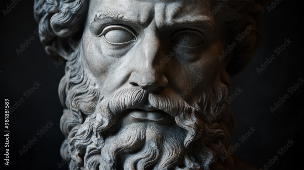 Close-up of a marble bust of a man with a beard and a serious expression. Close-up of a marble bust of a man with a beard and a serious expression.