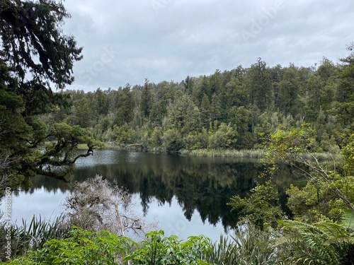 Views of Lake Matheson on the cloudy day, West coast , South Island, New Zealand , reflection of trees in the lake