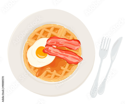 Waffle with bacon and fried egg on plate. Hand drawn vector illustration.	 Top view.
