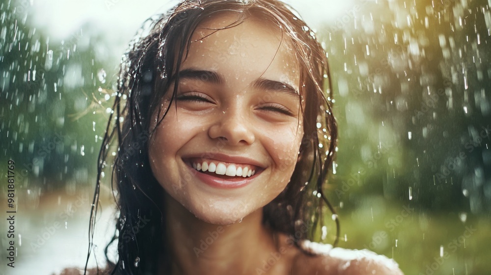 Obraz premium Happy woman enjoys rain outside.