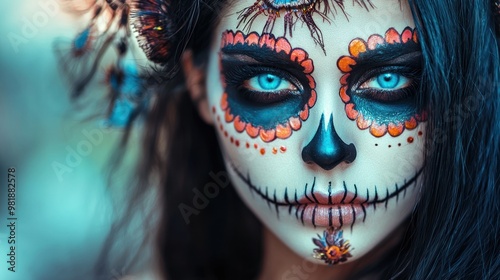 Elegant woman with black hair and striking blue eyes adorned with colorful sugar skull makeup for Dia de los Muertos.