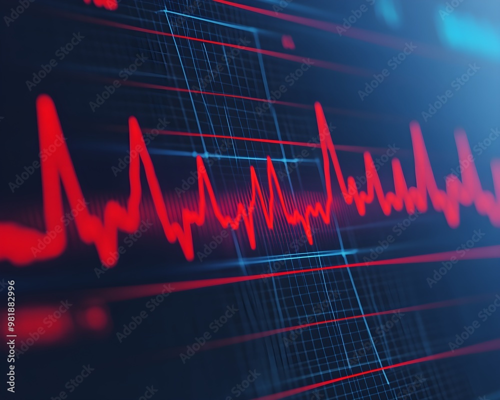 Fototapeta premium A digital representation of a health monitor displaying a red ECG waveform on a dark background, symbolizing heart activity and health monitoring.