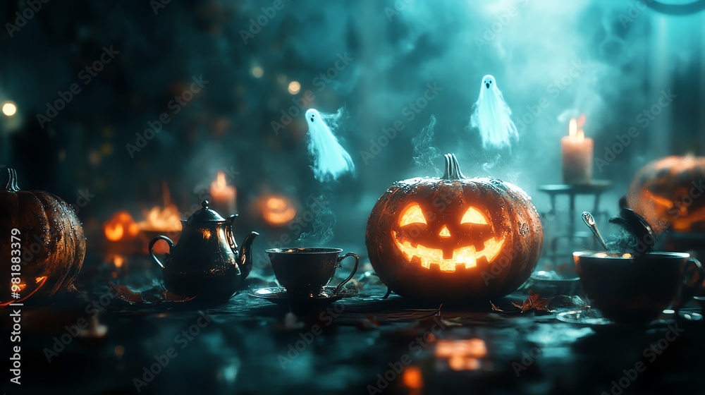 Fototapeta premium Haunted Halloween tea time, glowing pumpkins, eerie mist, haunted tea parties, ghostly figures, dark and mysterious ambiance, high detail, photorealistic, 4k quality