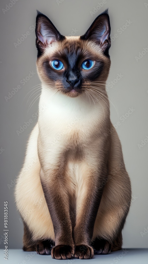 Siamese Cat with Blue Eyes Sitting on Grey Background. Siamese Cat with Blue Eyes Sitting on Grey Background.