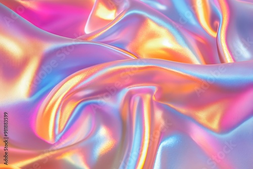 Abstract iridescent holographic background with wavy folds and a purple, blue, yellow, and pink color gradient.