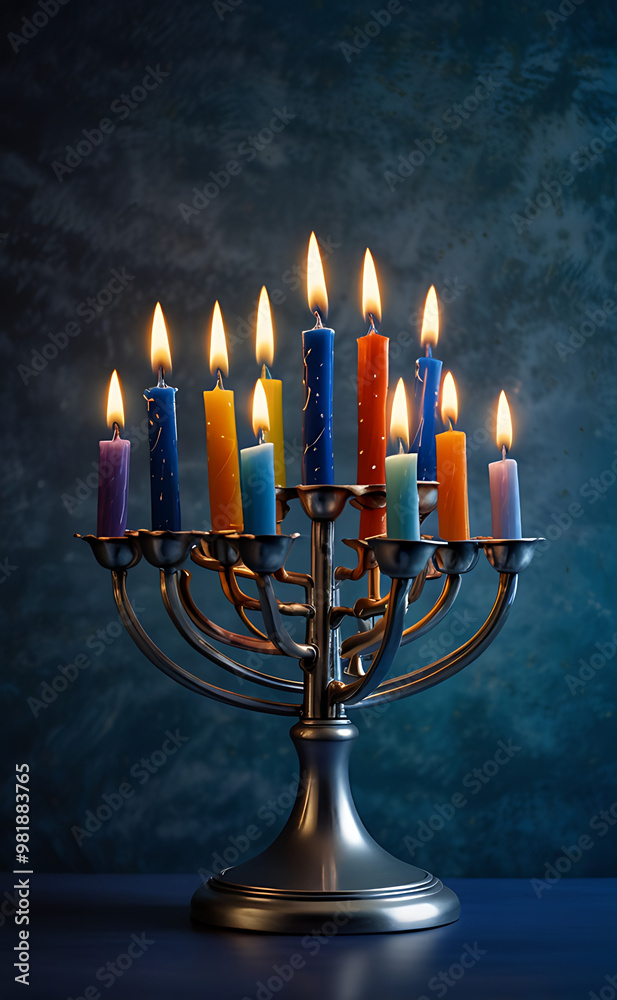 Fototapeta premium A vibrant Hanukkah menorah with all candles lit, against a blue and silver backdrop, celebrating the Festival of Lights with a serene and festive mobile wallpaper design