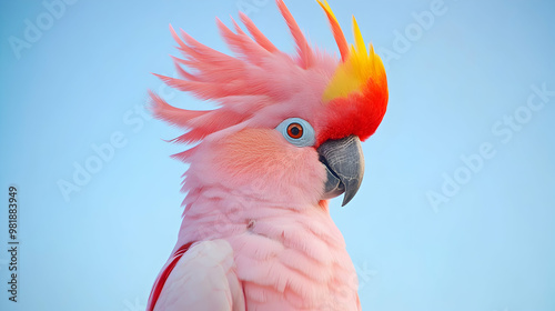 A pink cockatoo with a red and yellow crest against a blue sky. photo