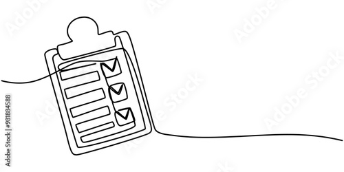 Clipboard with checklist and pen in one continuous line drawing. To do list with ticks and concept for test expertise and exam in simple linear style. Editable stroke. Doodle vector illustration, Clip