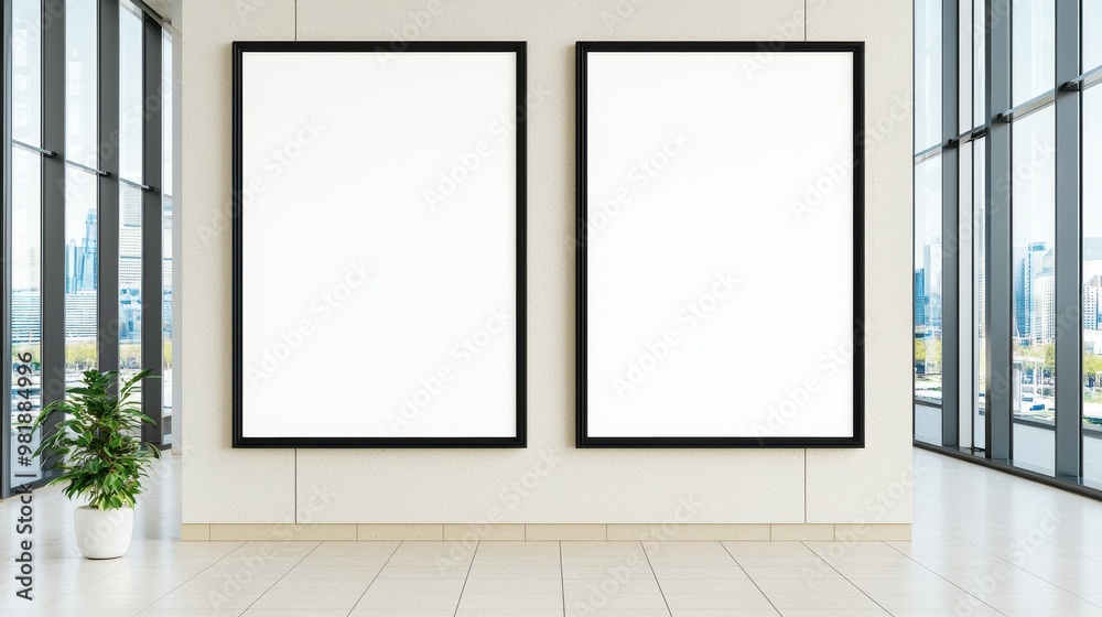 Two Blank Posters in Modern Office Lobby with City View Two Blank Posters in Modern Office Lobby with City View