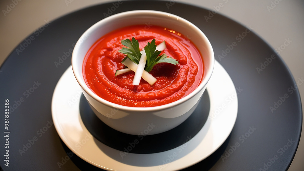 A bowl of bright red Gazpacho garnished with parsley in a white bowl on a plate A bowl of bright red Gazpacho garnished with parsley in a white bowl on a plate