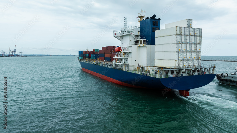 Aerial rear view Container Ship load container going to seaport or ...