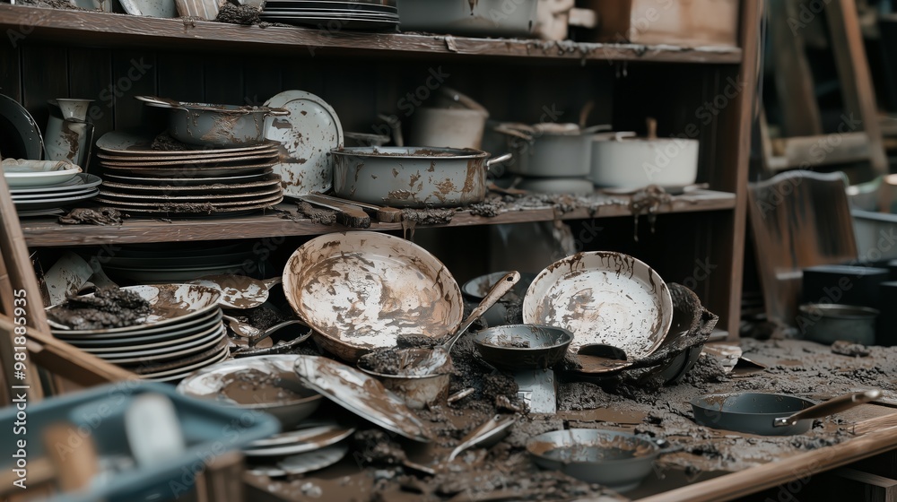 A cluttered scene of dirty dishes and utensils, showcasing neglect and disarray in an abandoned space. A cluttered scene of dirty dishes and utensils, showcasing neglect and disarray in an abandoned space.