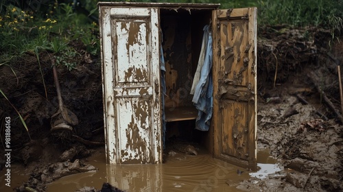 A rustic, weathered wardrobe standing in muddy water, evoking themes of abandonment and the passage of time in nature.