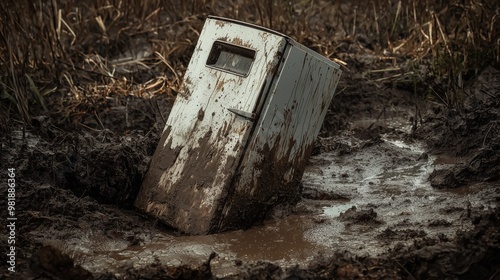 An abandoned refrigerator partially submerged in muddy ground, evoking a sense of neglect and decay in an outdoor environment.