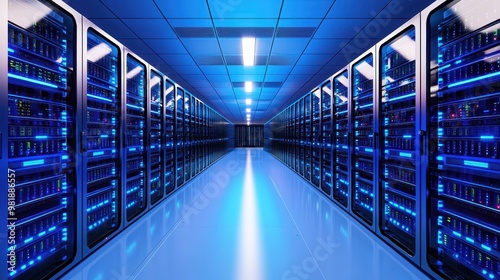 Data Center Servers Room with Blue Lights and Technology Infrastructure