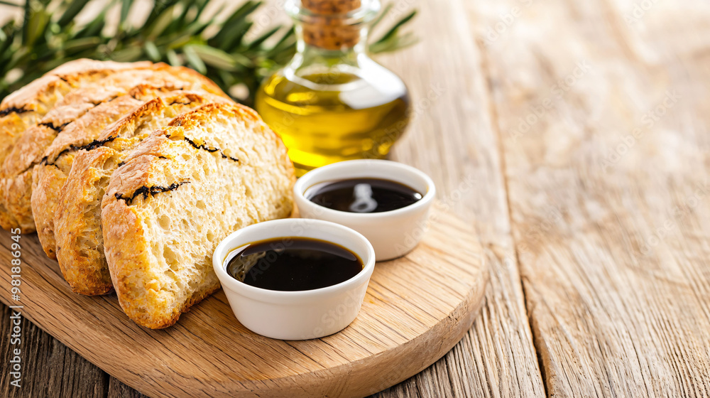 Freshly baked rustic gluten free bread with cracked top, served on wooden board alongside olive oil and balsamic vinegar. This delightful presentation invites warm and inviting dining experience
