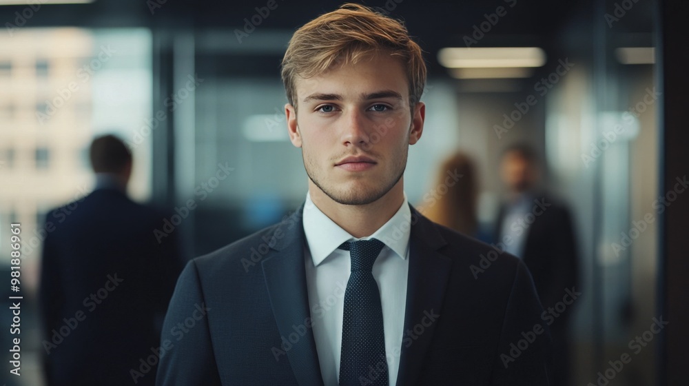 Office scene: businessman in suit, colleagues nearby. Office scene: businessman in suit, colleagues nearby.