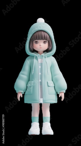 Cute doll wearing a mint green winter coat and hat