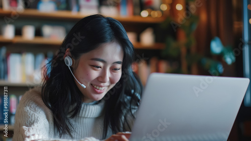 Young smiling Asian woman student using laptop computer wearing earbud, taking notes watching online class elearning webinar training, having hybrid remote video call or virtual work  photo