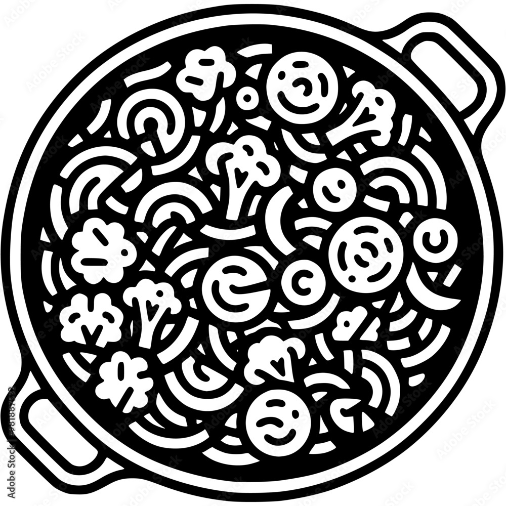 Chopped vegetables stewed in frying pan, top view in monochrome. Simple minimalistic vector in black ink drawing on transparent background Chopped vegetables stewed in frying pan, top view in monochrome. Simple minimalistic vector in black ink drawing on transparent background
