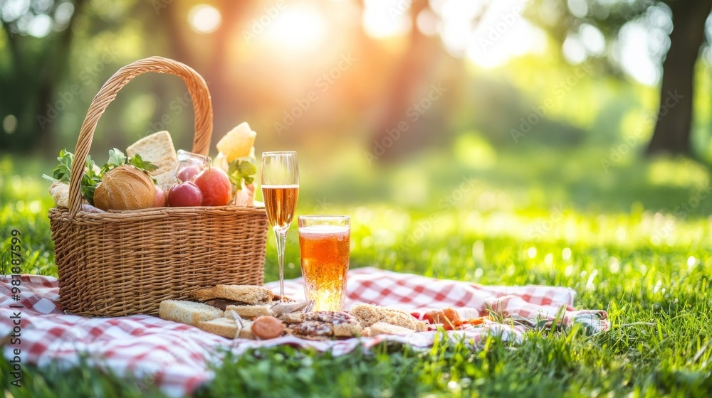 Park picnic: snacks and basket on blanket