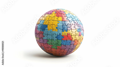 3D Policy Puzzle Globe Concept: Interlocking Pieces with Icons, Zooming In on Global Policy Insights | Isolated on White Background for Informative Visuals