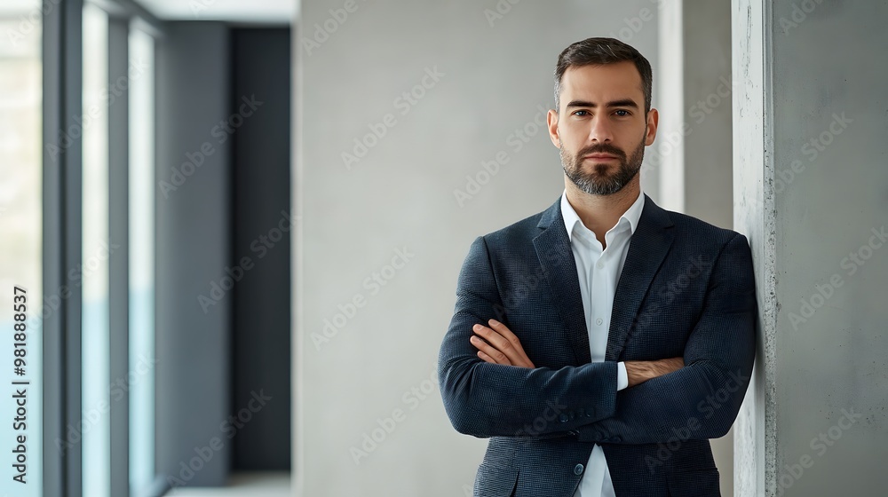 Confident Man in a Suit Leaning Against a Wall with Crossed Arms Confident Man in a Suit Leaning Against a Wall with Crossed Arms