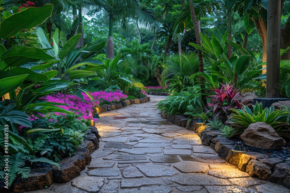 Stone Path Through Lush Tropical Garden with Pink Flowers and Lighting Stone Path Through Lush Tropical Garden with Pink Flowers and Lighting