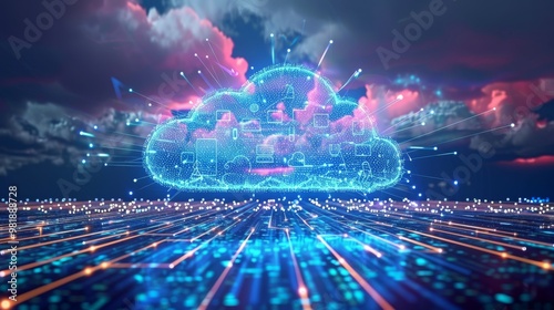 Abstract cloud technology background with cloud computing icons and digital data streams