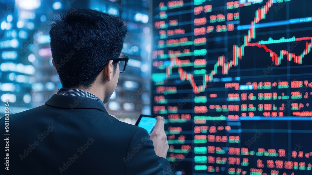 Businessman Looking at Stock Market Data on Screen Businessman Looking at Stock Market Data on Screen