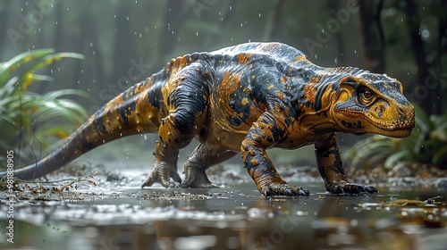 Fototapeta Naklejka Na Ścianę i Meble -  A Majestic Dinosaur Roams Through a Lush Rainforest