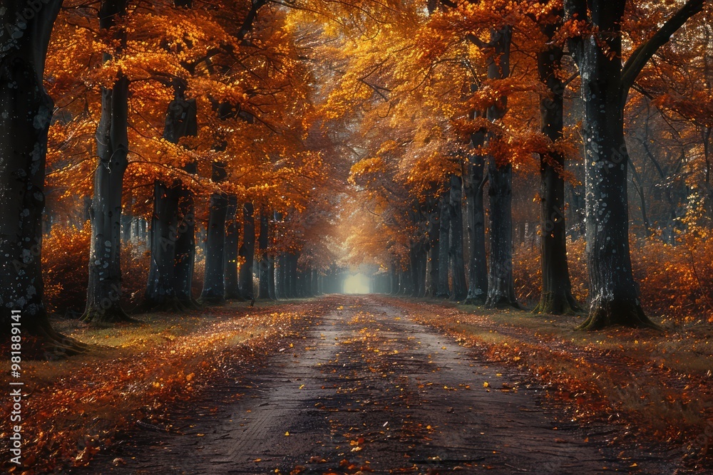 Fototapeta premium Golden Autumn Forest Path with Falling Leaves