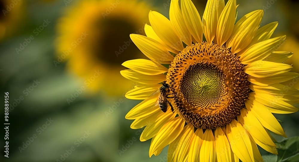 a bee landed on a sunflower that was blooming in the middle of a sunflower field a bee landed on a sunflower that was blooming in the middle of a sunflower field