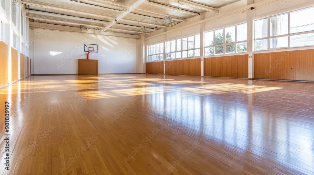 Empty Wooden Basketball Court with Sunlight Through Windows Empty Wooden Basketball Court with Sunlight Through Windows