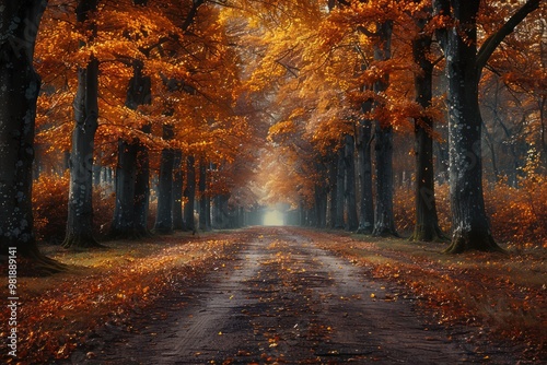 Golden Autumn Forest Path with Falling Leaves