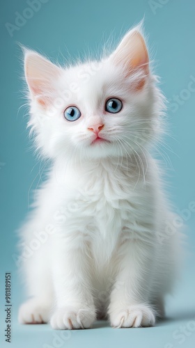 Adorable White Kitten: A fluffy white kitten with captivating blue eyes sits against a serene light-blue background, exuding cuteness and innocence. 