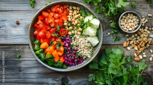 Bowl of fresh vegetables, grains, and nuts on a wooden surface