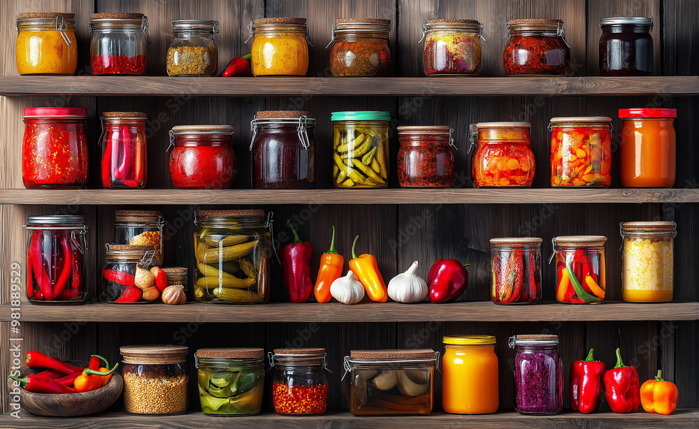 Wooden shelves displaying colorful jars of pickled vegetables and spices. Wooden shelves displaying colorful jars of pickled vegetables and spices.